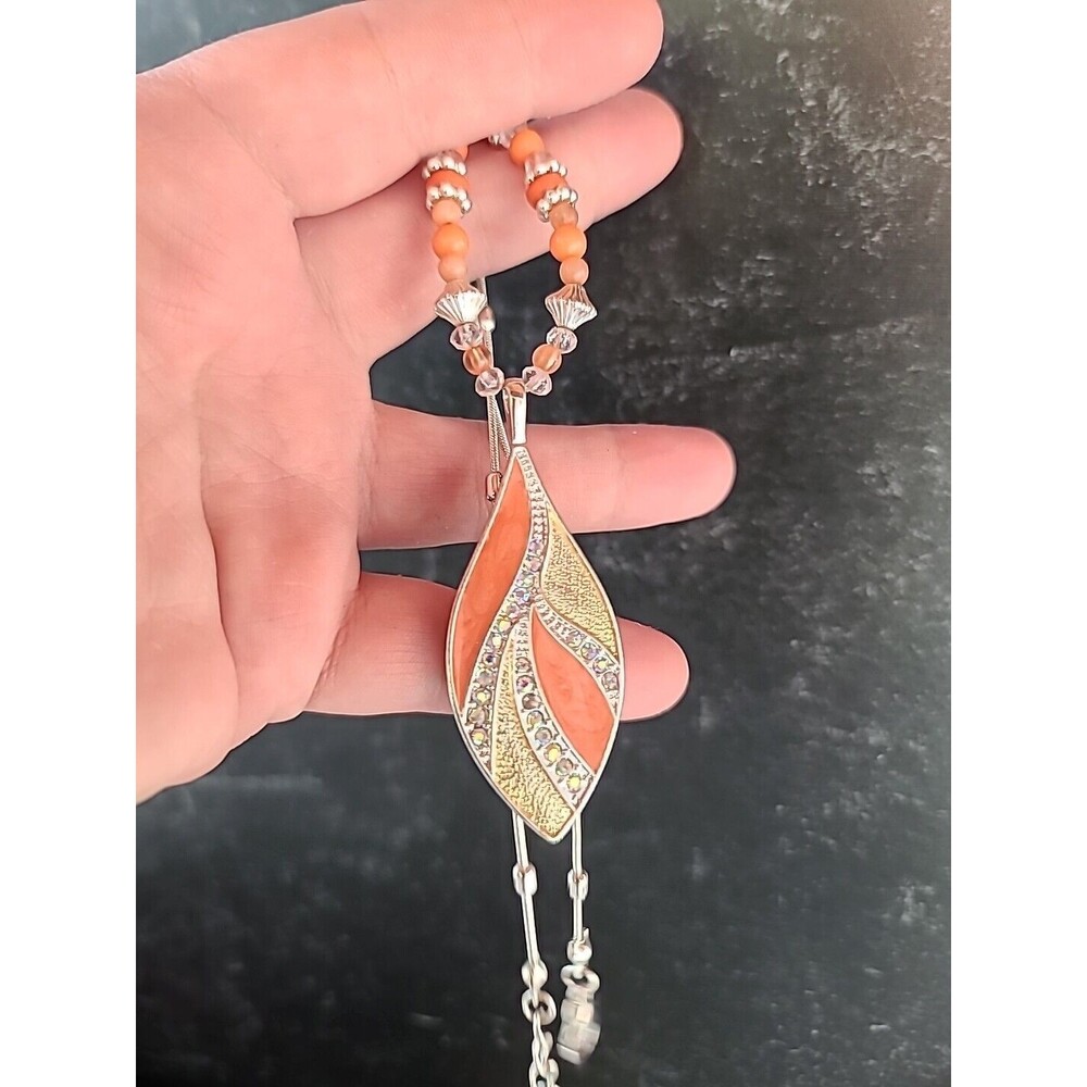 Salmon Enamel Rhinestone Beaded Leaf Pendant Adjustable Necklace